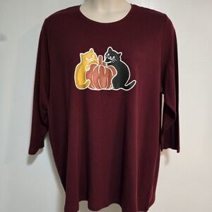 Kim Rogers Plus Size 3XL Burgundy Halloween Knit Top Cats Pumpkin 3/4‎ Sleeve